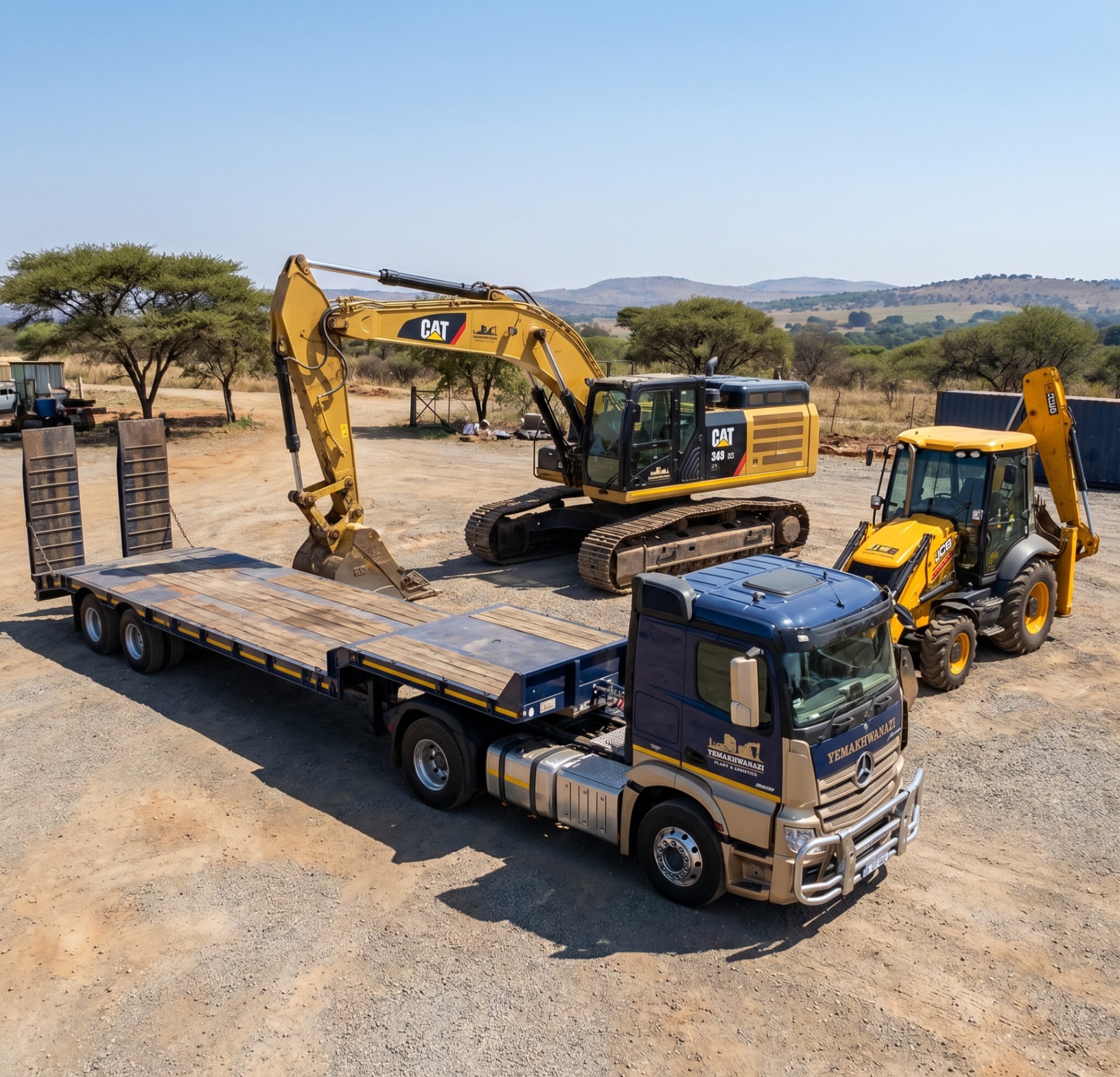 Yemakhwanazi lowbed truck with CAT excavator and JCB backhoe loader